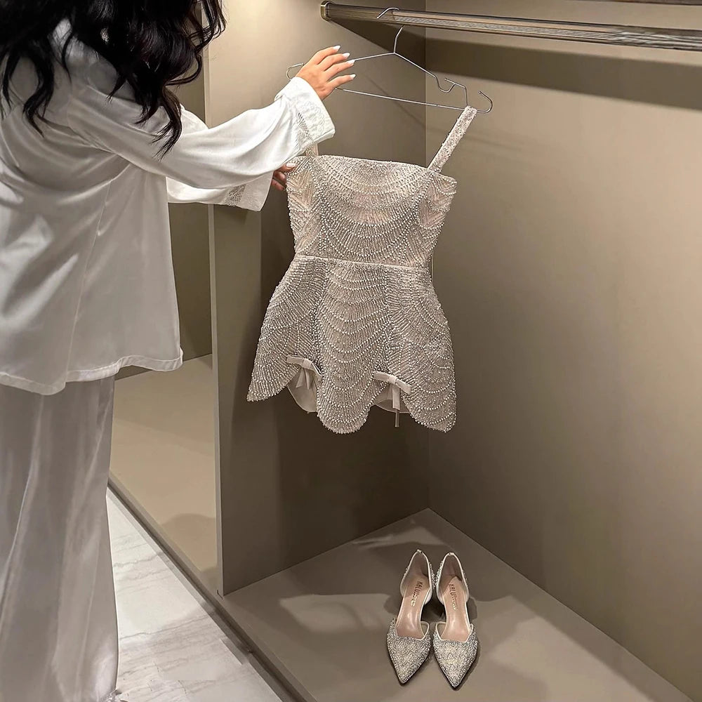 Luxury Nude Pearl Beaded A-Line Mini Evening Dress LA73211 - SERENE HILL