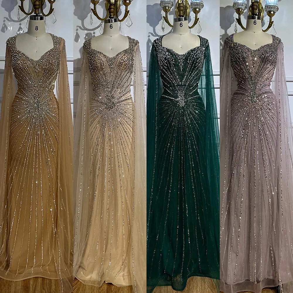 Dubai Luxury Nude Cape Sleeves Beaded Evening Dress LA72575A - SERENE HILL