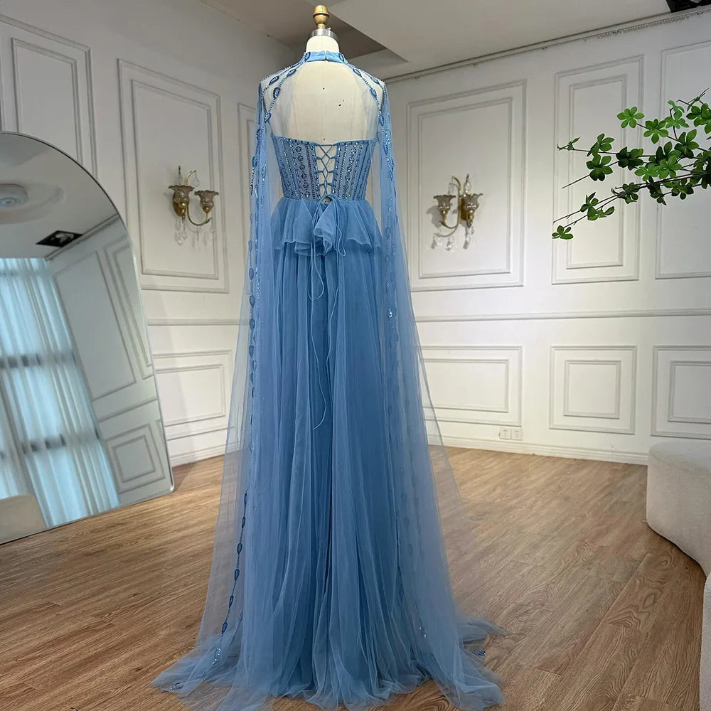 Luxury Blue Sequin Beaded Evening Dress with Cape Sleeves LA73108 - SERENE HILL