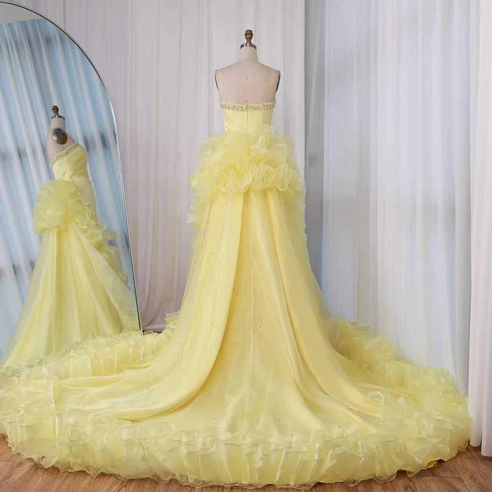 Luxury Dubai Evening Gown for Formal Occasion Elegant Yellow Dress with Ruffles and Beaded Details LA72889 - SERENE HILL