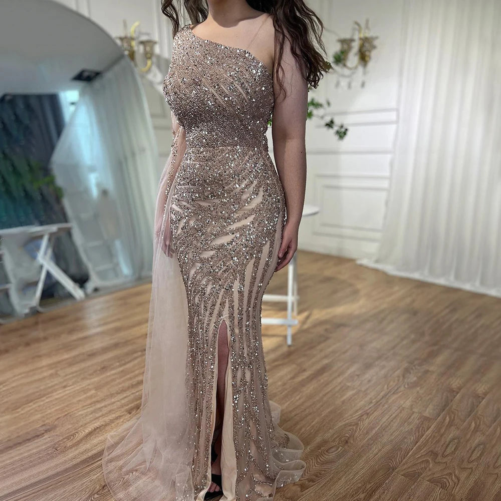 Serene Hill Lilac High Split Mermaid Elegant One Shoulder Evening Dresses Gowns Luxury Beaded 2025 For Women Party LA71493 - SERENE HILL