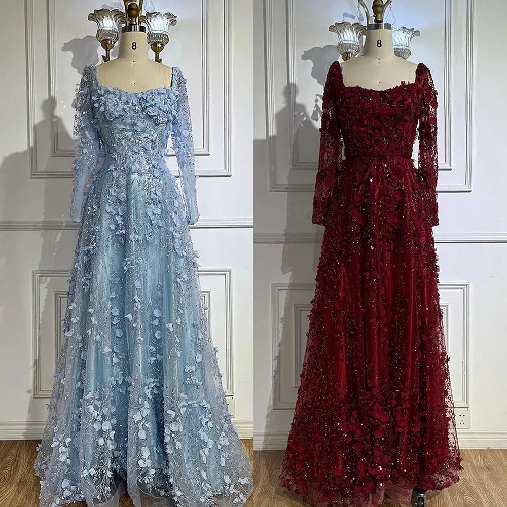 Luxury Arabic Gray A Line Elegant 3D Flower Evening Dress Long Sleeve LA72657 - SERENE HILL