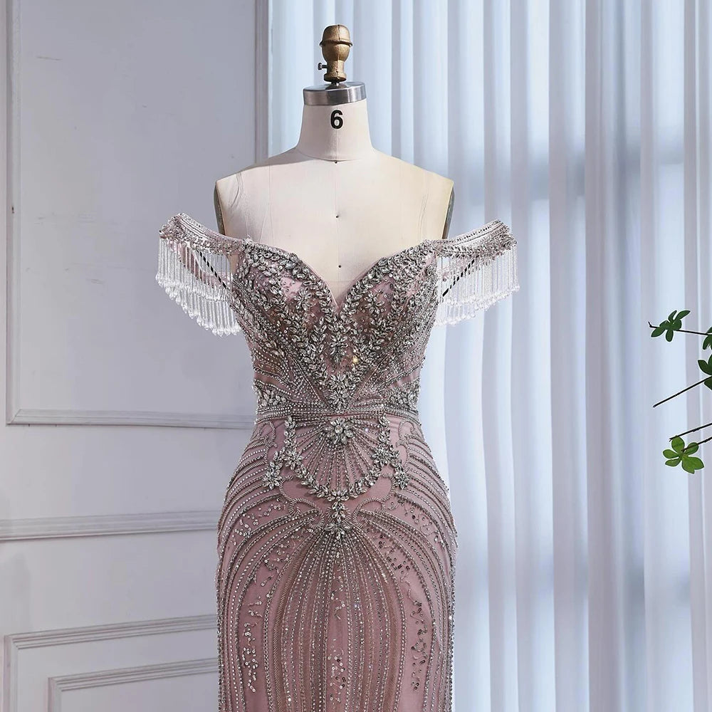 Luxury Pink Crystal Tassel Off Shoulder Evening Dress Dubai LA73204 - SERENE HILL