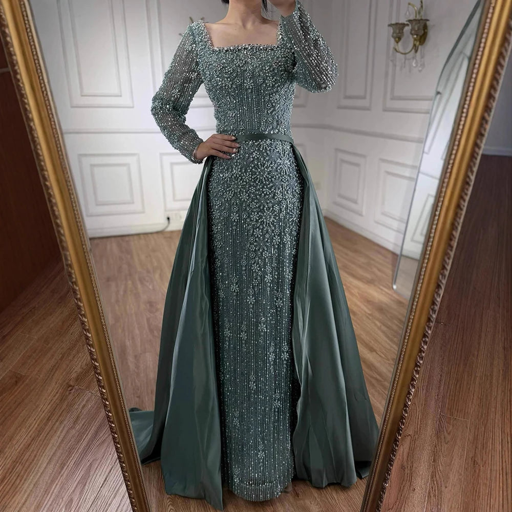 Luxury Dubai Arabic Muslim Caramel Mermaid Beaded Evening Gown with Overskirt LA72533A - SERENE HILL