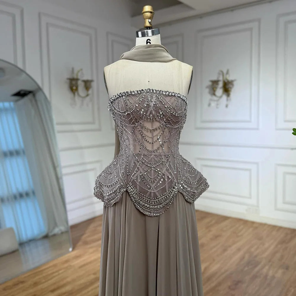 Luxury Designer Nude Beaded Chiffon Evening Dress LA72915 - SERENE HILL