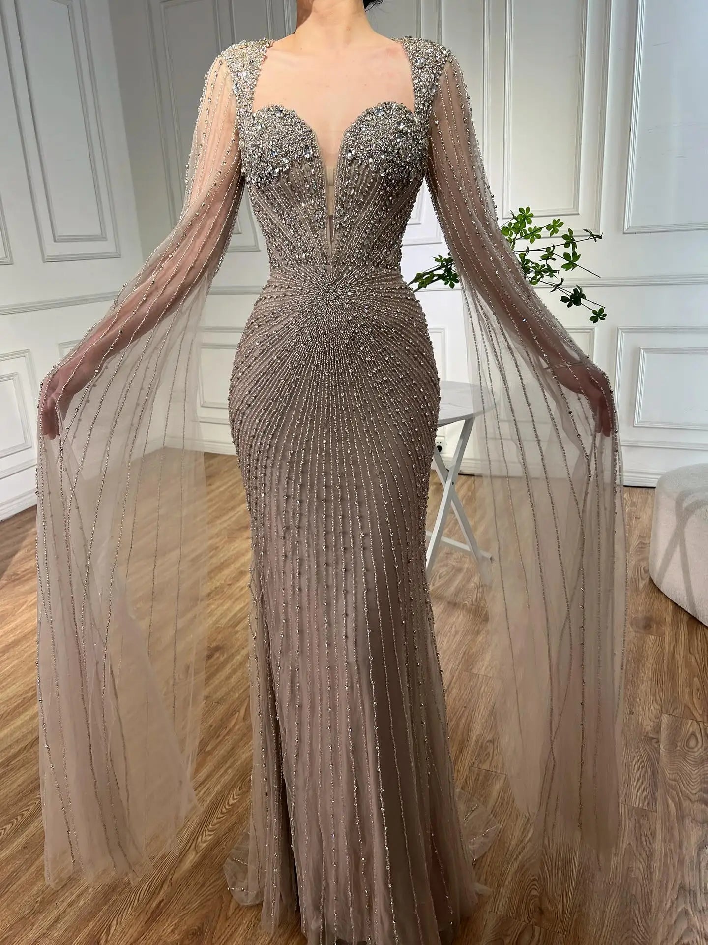 Luxury Caramel Crystal Beaded Mermaid Evening Dress with Cape LA72575D - SERENE HILL
