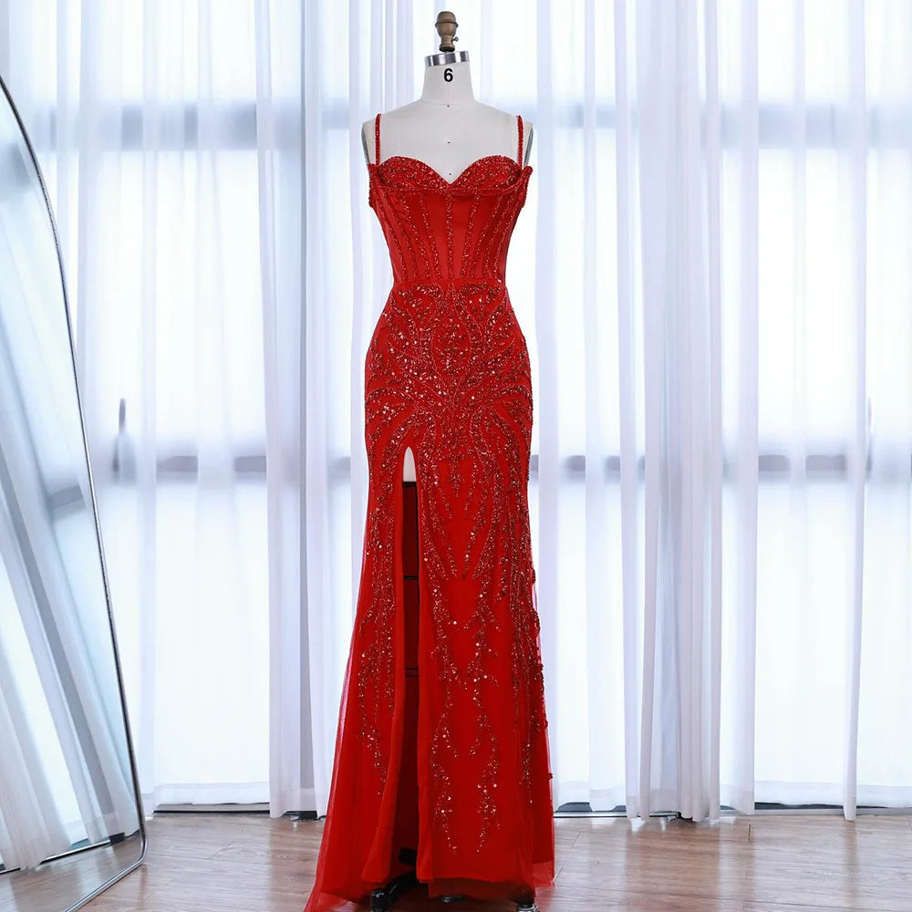 Luxury Red Beaded High Slit Evening Gown with Overskirt LA72936 - SERENE HILL