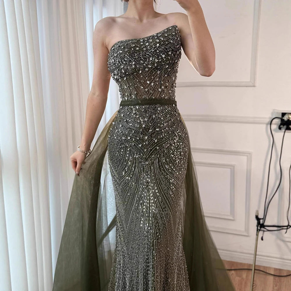 Luxury Olive Green Beaded Mermaid Evening Dress with Detachable Overskirt LA73164A - SERENE HILL