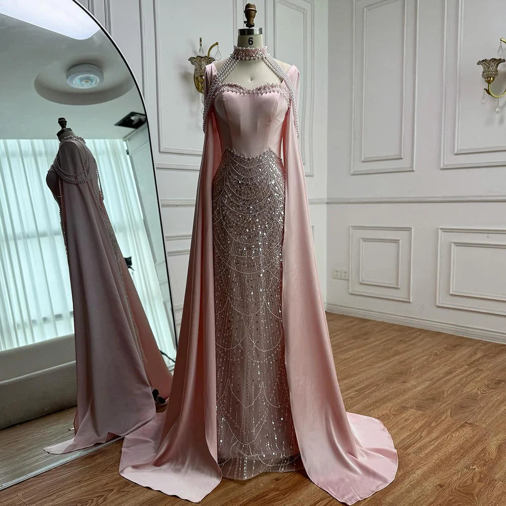 Luxury Arabic Pearls Pink Evening Dress with Cape LA73051 - SERENE HILL