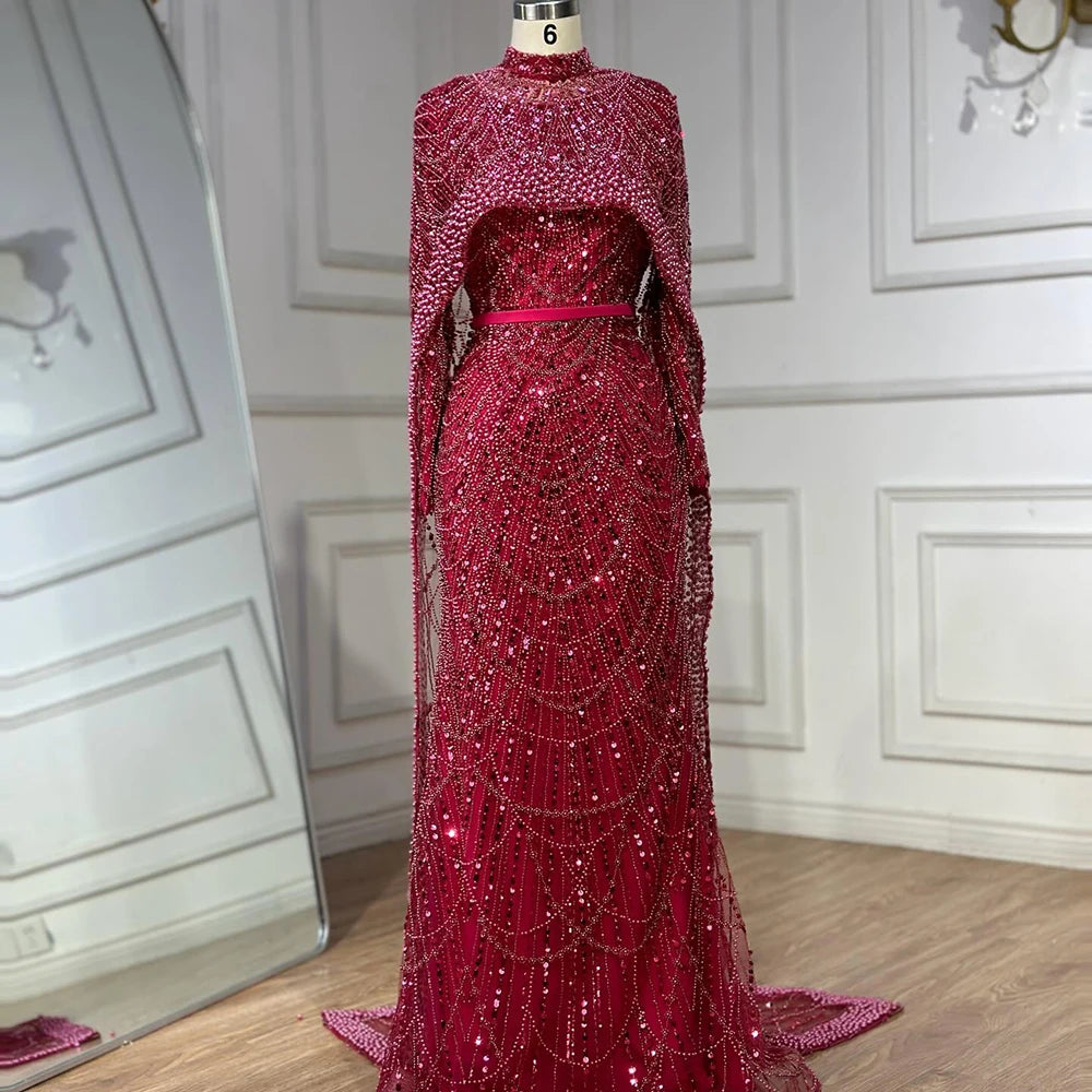Muslim Long Cape Dubai Crystal Beaded Evening Gown LA72032M - SERENE HILL