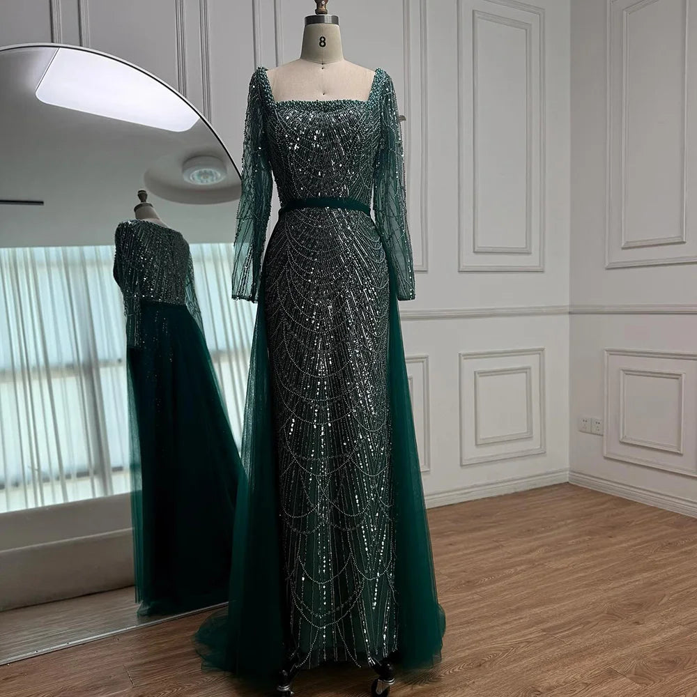 Blue Square Evening Dress With Long Sleeve Plus Size LA72032N - SERENE HILL