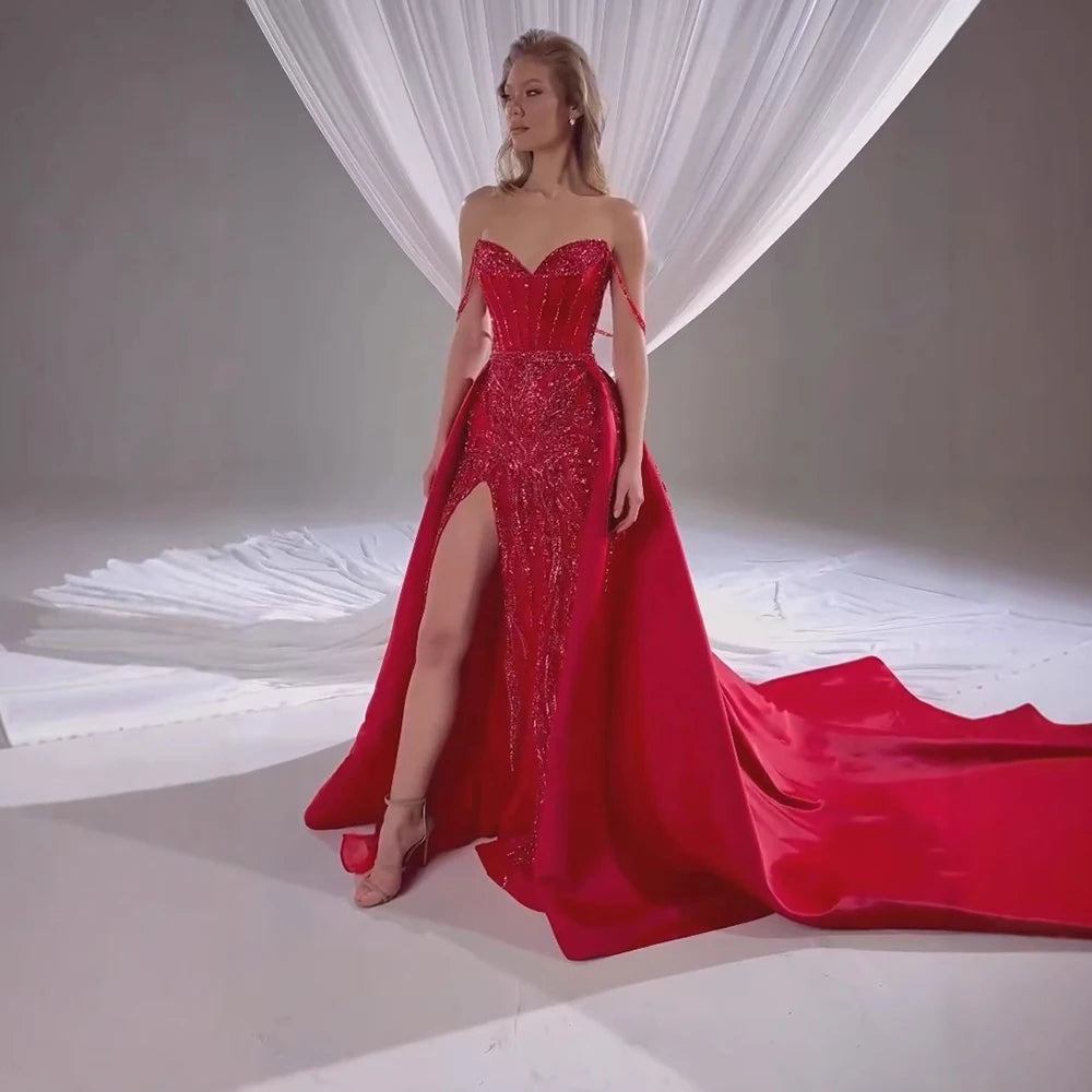 Luxury Red Beaded High Slit Evening Gown with Overskirt LA72936 - SERENE HILL