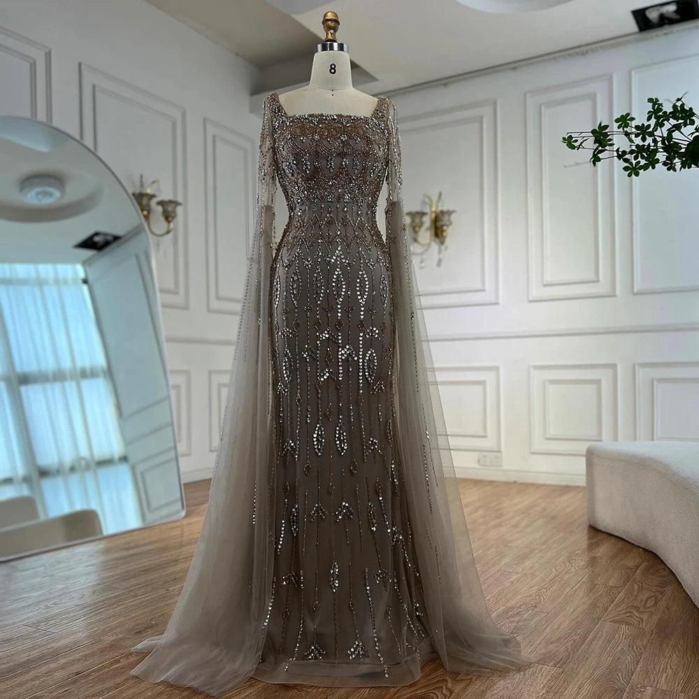 Luxury Modest Caramel Evening Dress with Sleeves Cape LA72966 - SERENE HILL