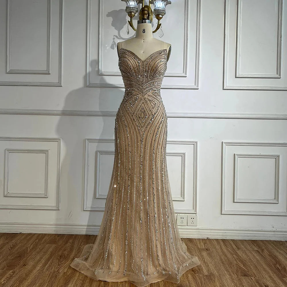 Luxury Nude V Neck Beaded Mermaid Evening Dress Sleeveless LA72981 - SERENE HILL
