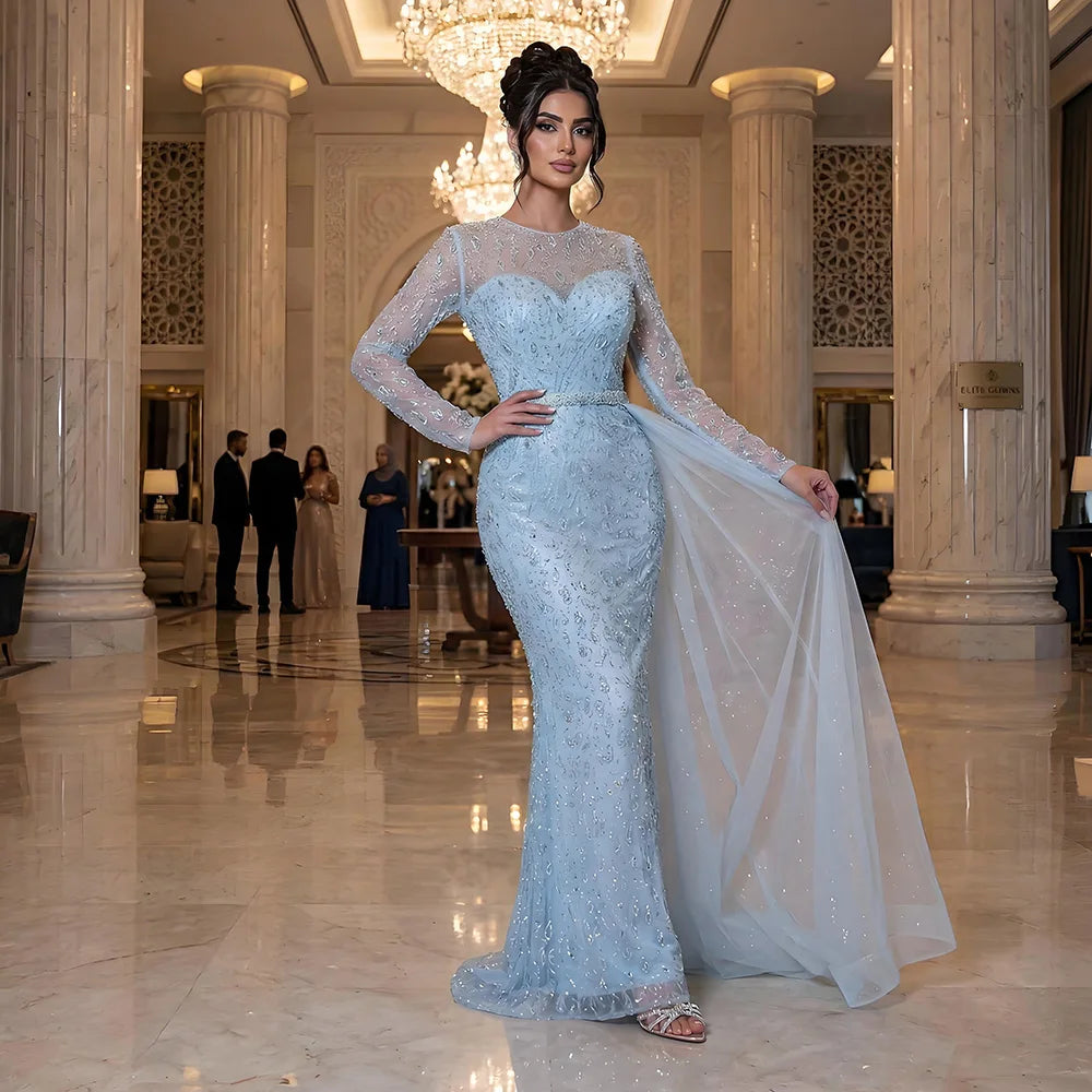 Luxury Dubai Elegant Blue Saudi Arabic Evening Gown with Beaded Side Overskirt Dress for Formal Occasion LA72734 - SERENE HILL