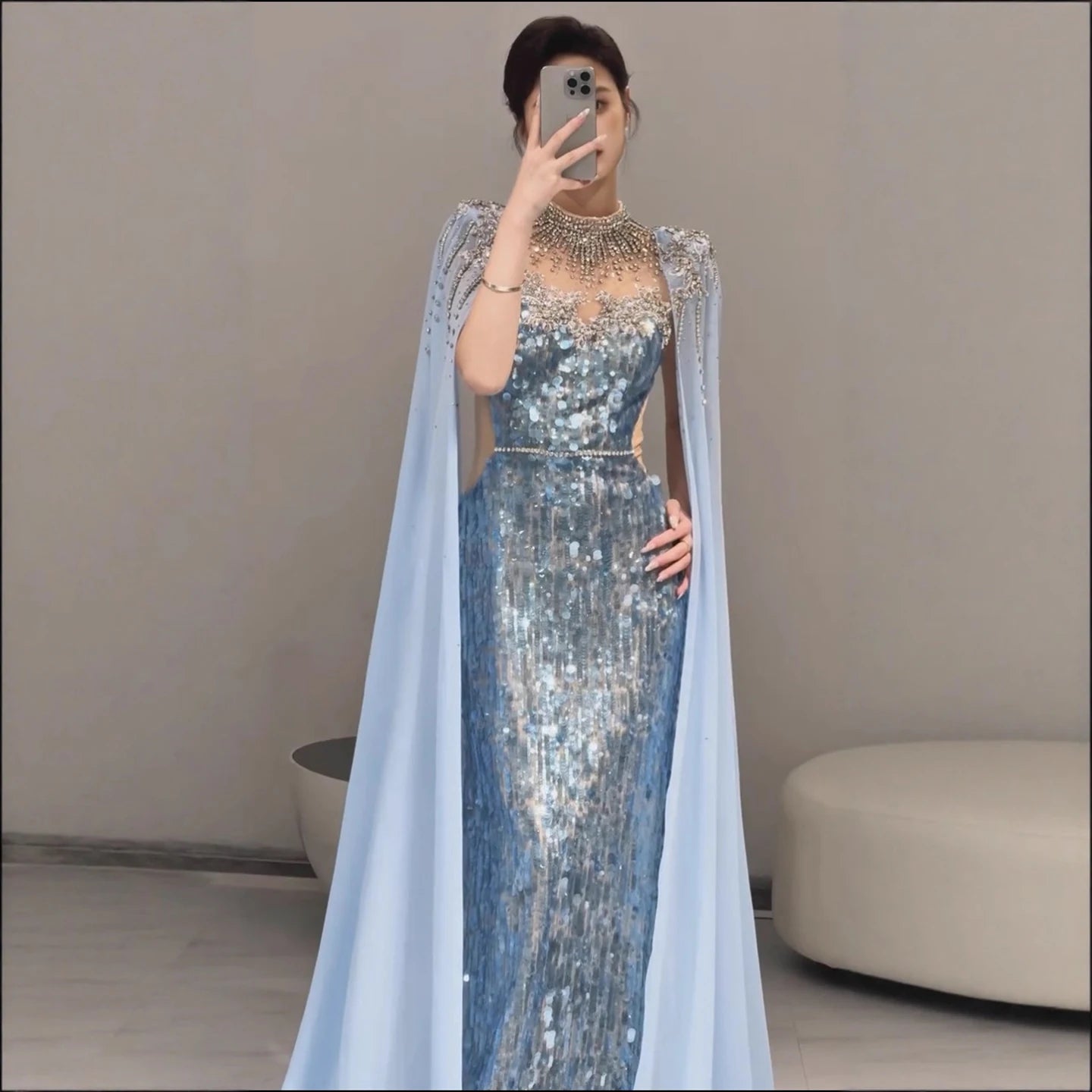 Luxury Dubai Blue Mermaid Evening Dress with Cape LA73419 - SERENE HILL