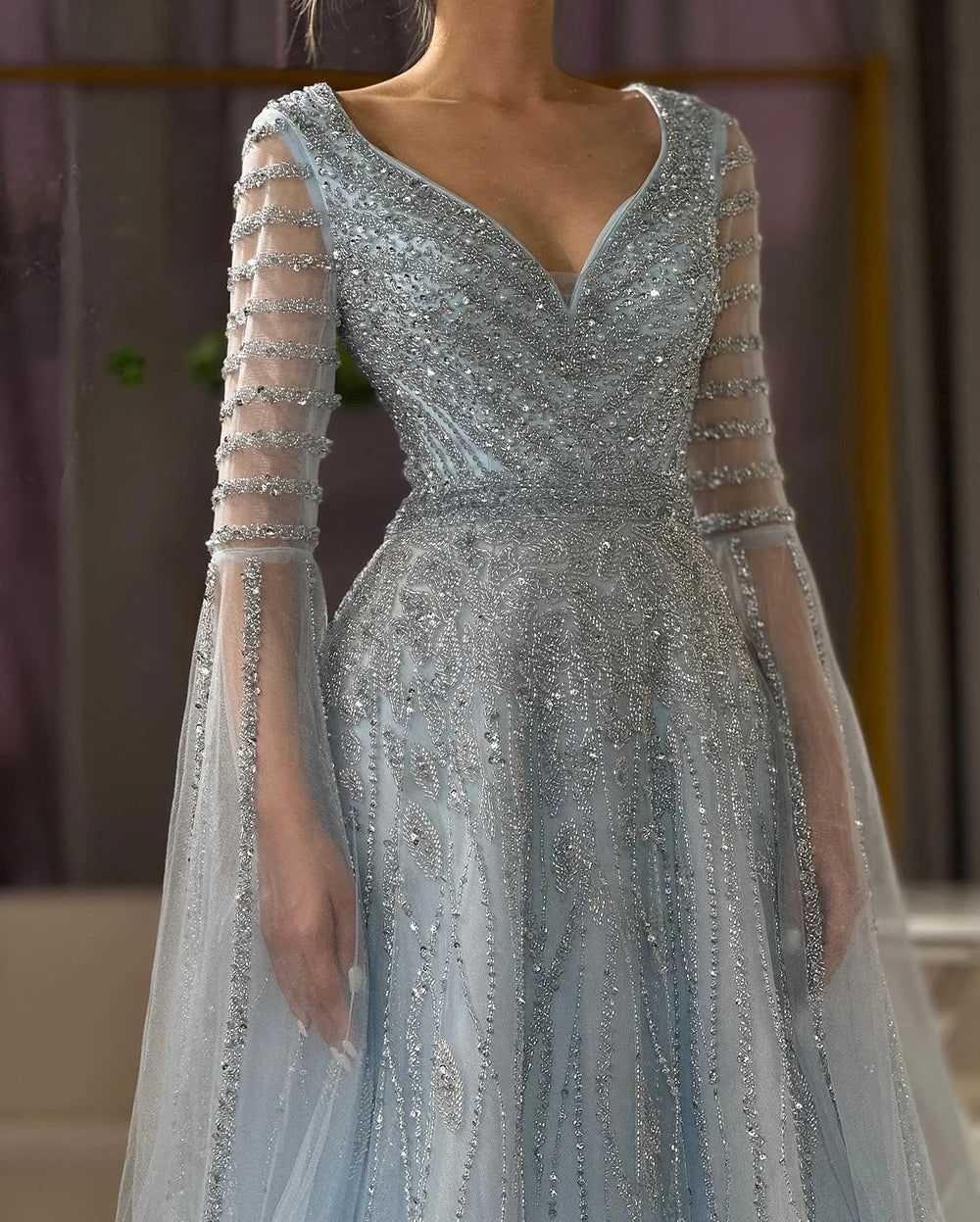 Luxury Dubai Arabic Caramel Elegant A-Line Beaded Long Evening Dresses Gowns with Cape Sleeves for Formal Occasion LA72750 - SERENE HILL