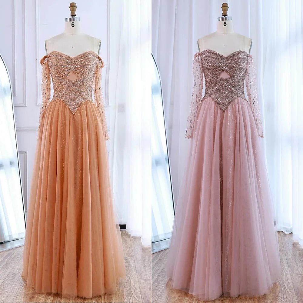 Luxury Nude Off Shoulder A-Line Beaded Evening Dress LA73038 - SERENE HILL