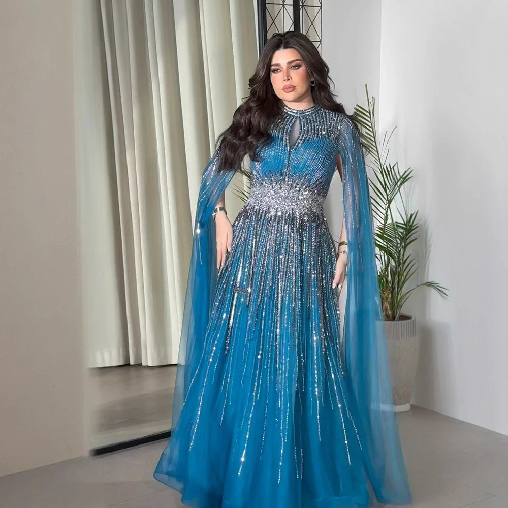 Luxury Modest Blue Beaded Evening Dress with Cape LA73059 turquoise / 16 Luxury Modest Blue Beaded Evening Dress with Cape LA73059 turquoise / 16