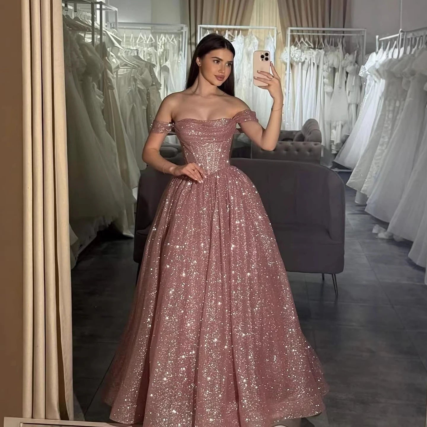 Luxury Pink Sequin Off Shoulder Evening Dress Ball Gown LA73456 Pink / 4