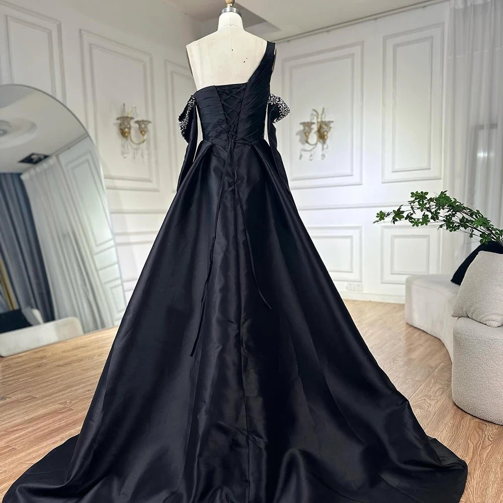 Luxury Black Satin One Shoulder Beaded A-Line Evening Dress LA72741 - SERENE HILL