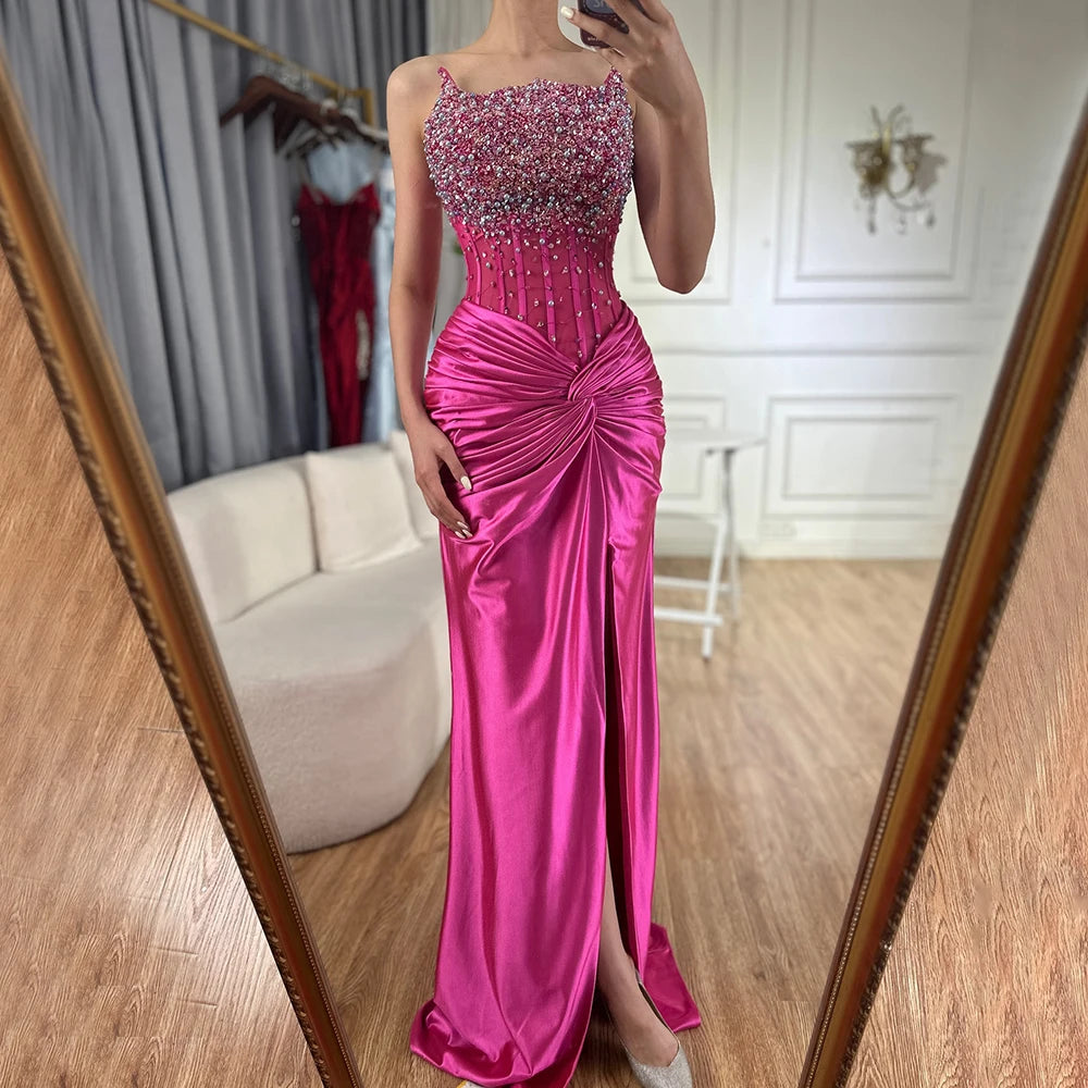 Serene Hill 2025 Arabic Fuchsia Side Split Beaded Mermaid Luxury Dubai Evening Gown for Women&