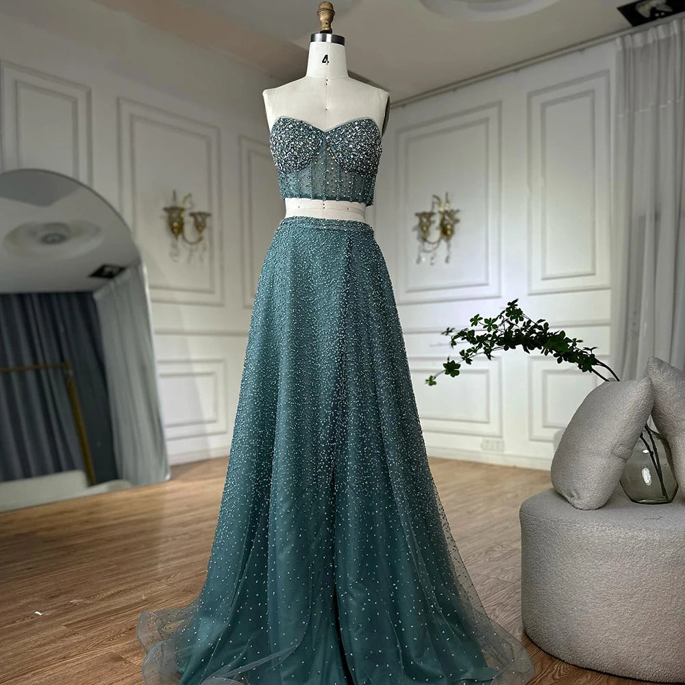Luxury Dubai Customize Saudi Turquoise Two-Piece Evening Dress with High Split for Formal Occasion LA72786 - SERENE HILL