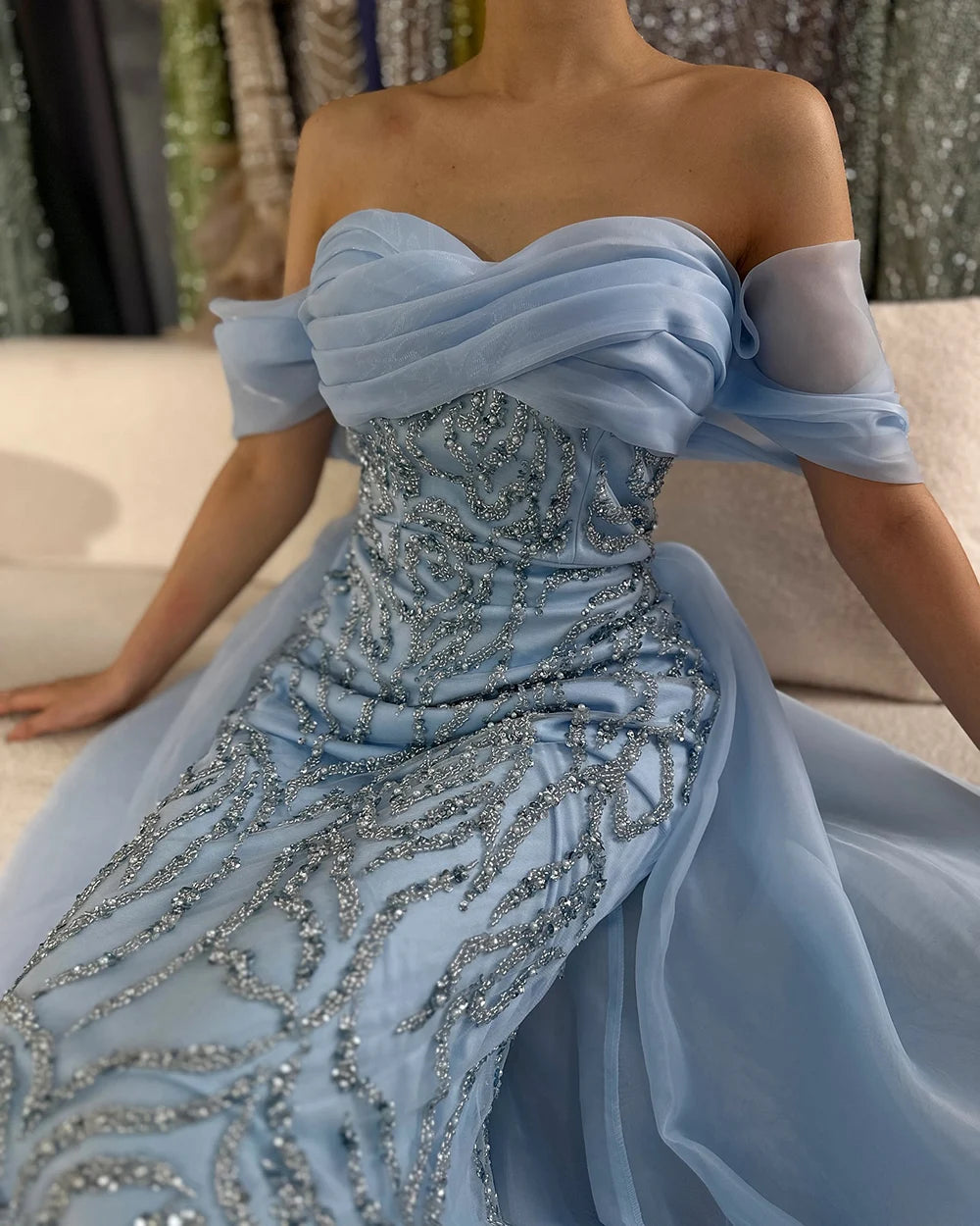 Luxury Dubai Arabic White Beaded Mermaid Elegant With Overskirt Luxury Dubai Evening Dresses Gowns for Women&