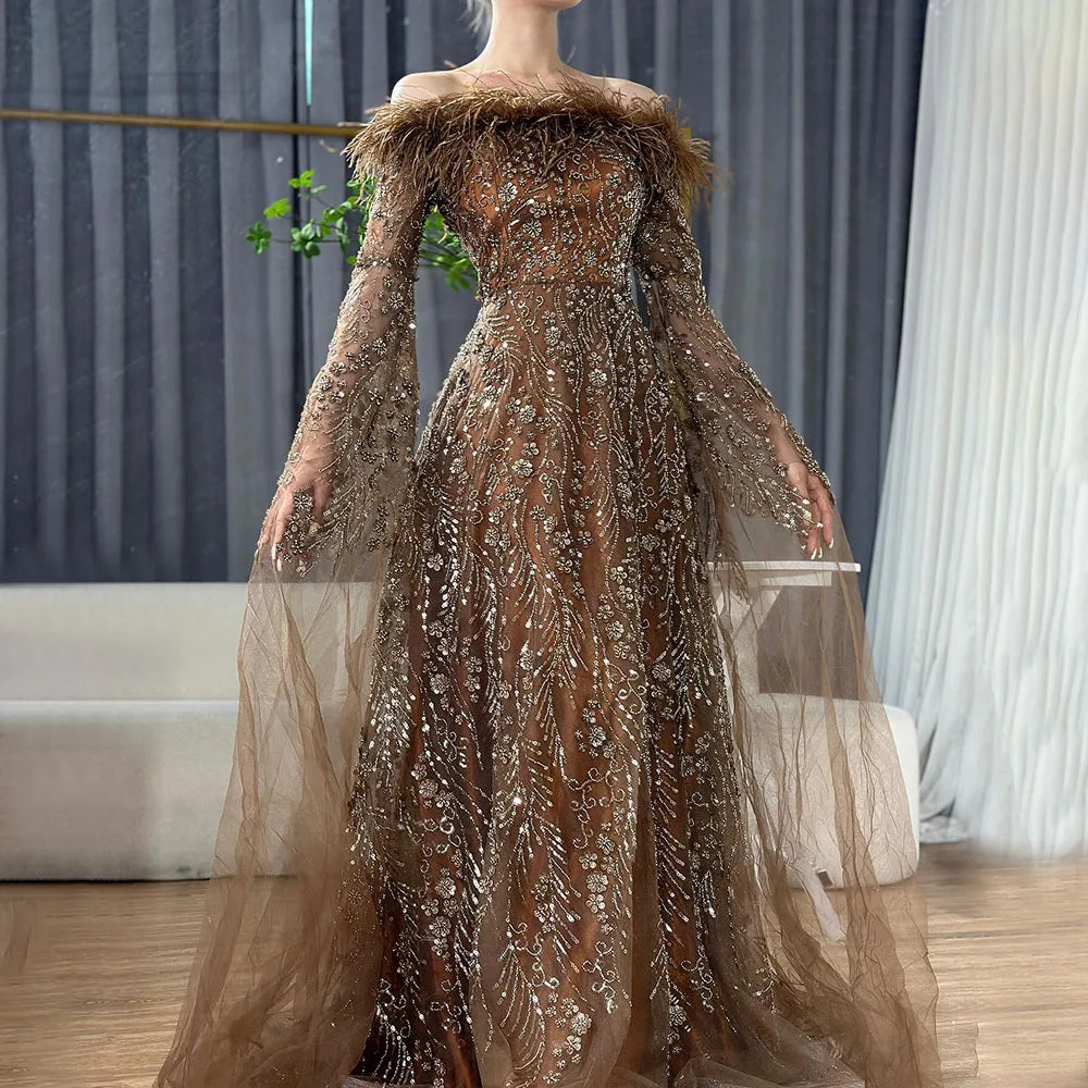 Off Shoulder Feathers Brown Evening Dress with Cape Sleeves LA72401 - SERENE HILL