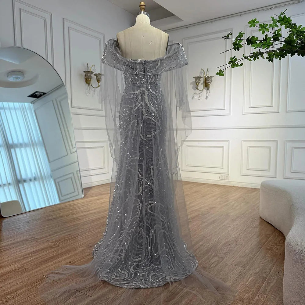 Luxury Gray Sequin Evening Dress with Cape Sleeves LA73125B - SERENE HILL