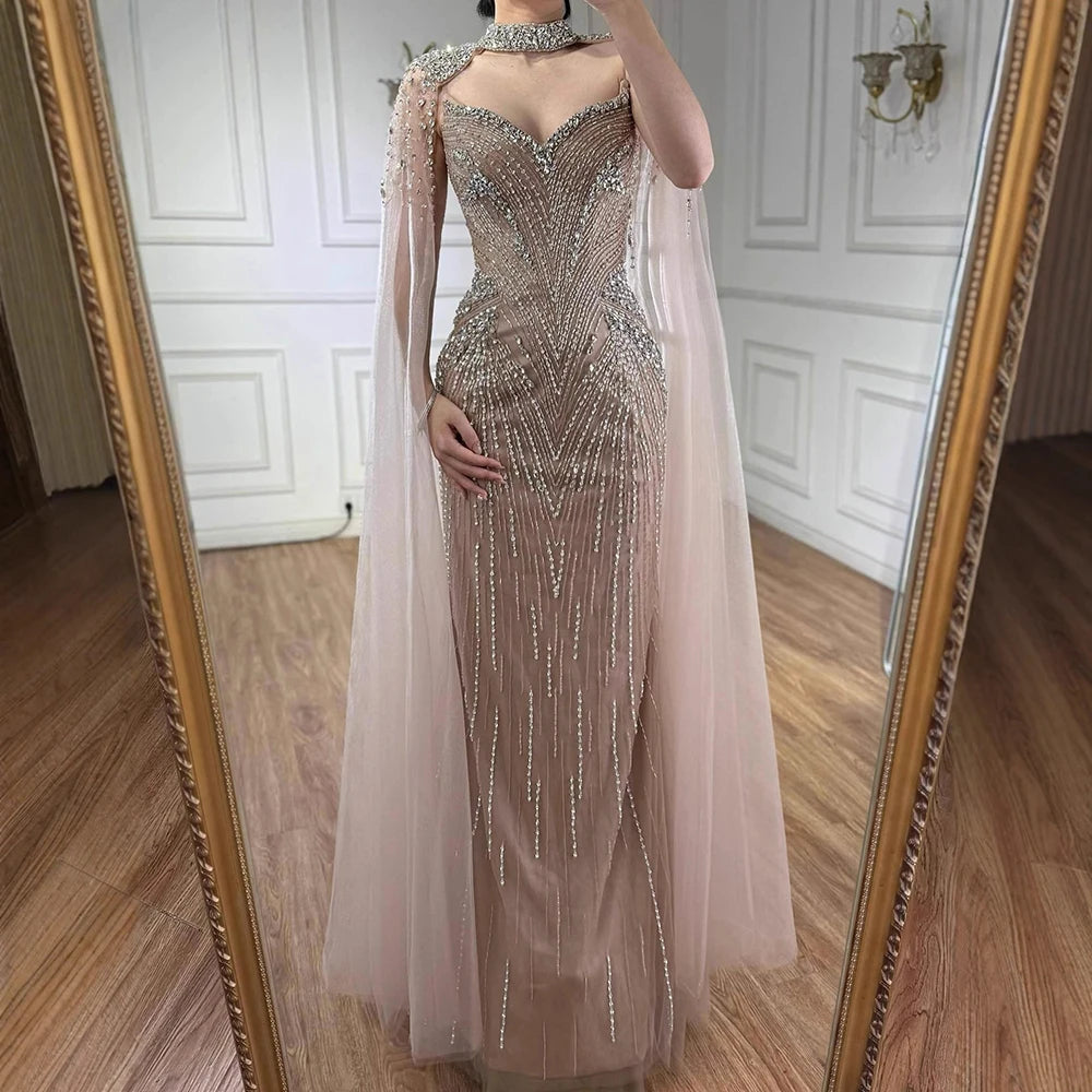 Luxury Arabic Nude Beaded Evening Dress with Cape Sleeves LA73173 - SERENE HILL