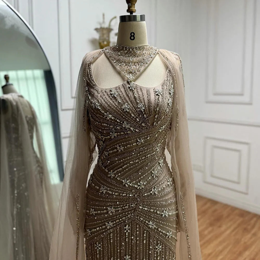 Luxury Caramel Mermaid Evening Dress with Cape Sleeves LA73052 - SERENE HILL