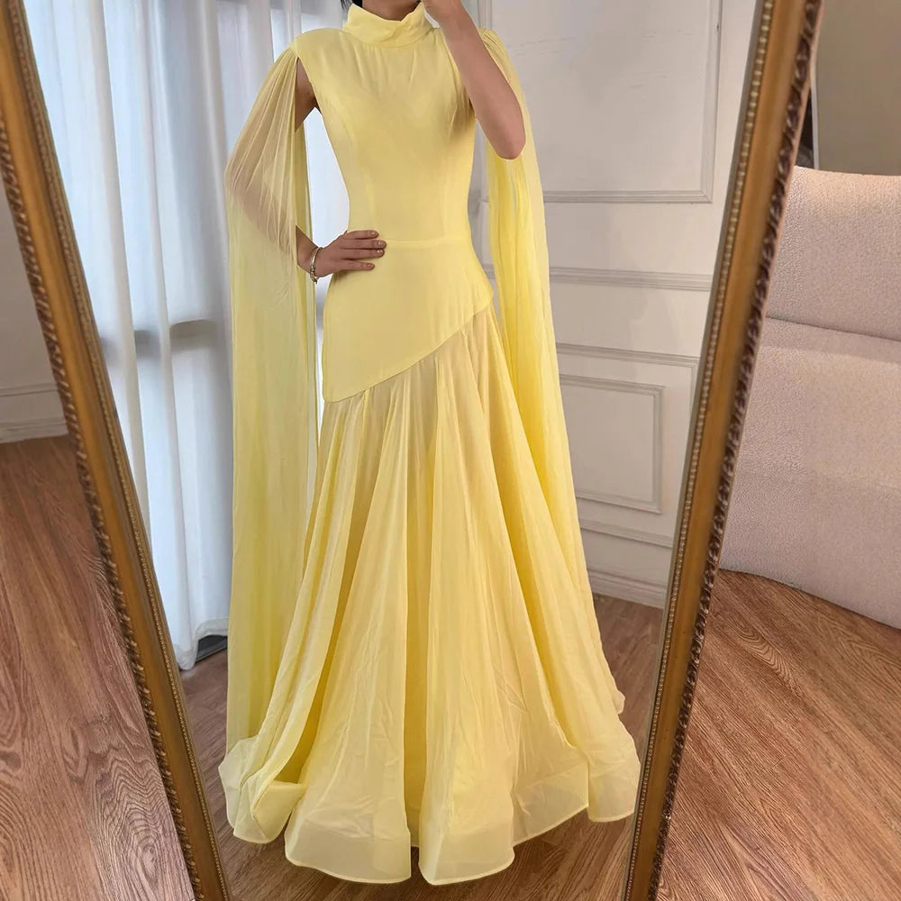 Luxury Yellow High Neck A-Line Evening Dress with Cape Sleeves LA73097 - SERENE HILL