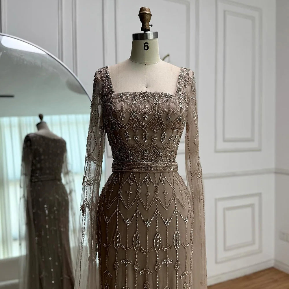Luxury Arabic Caramel Beaded Evening Dress with Cape Sleeves LA72966A - SERENE HILL