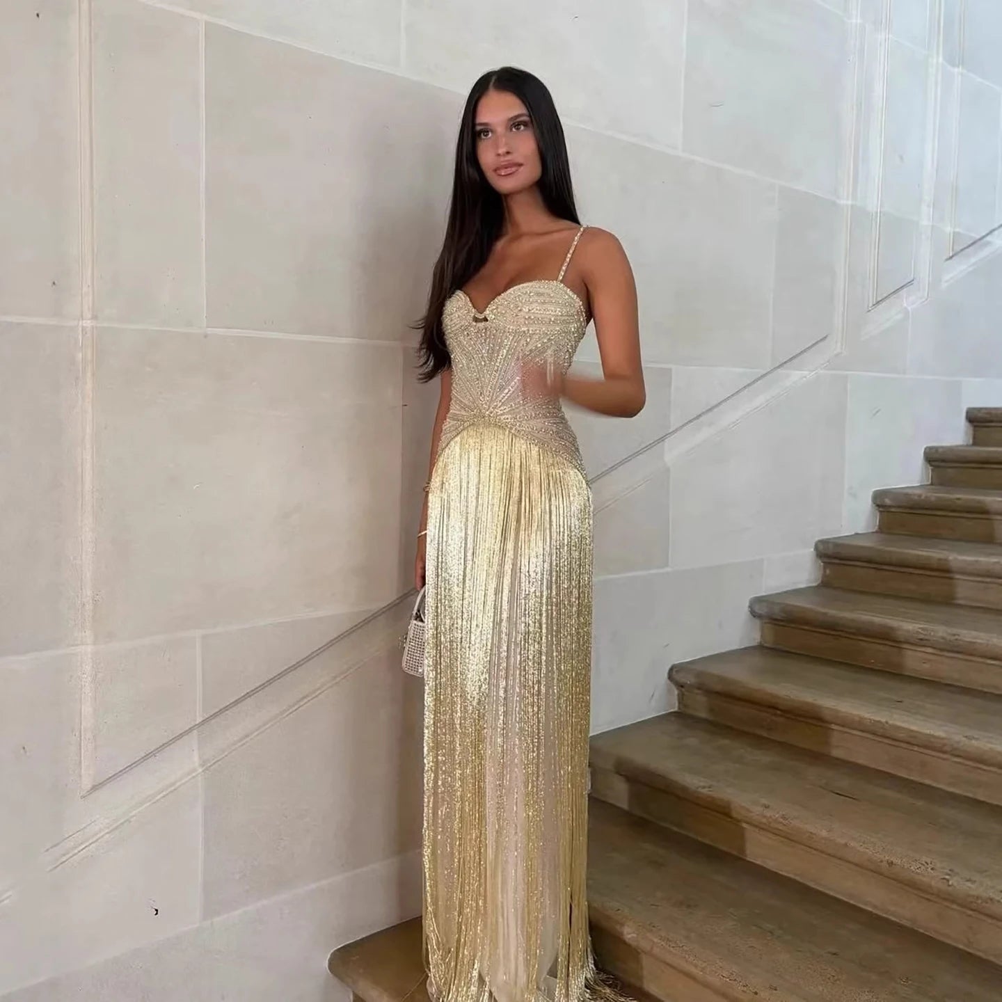 Luxury Arabic Gold Mermaid Beaded Tassel Evening Dress LA73446 Gold / 6