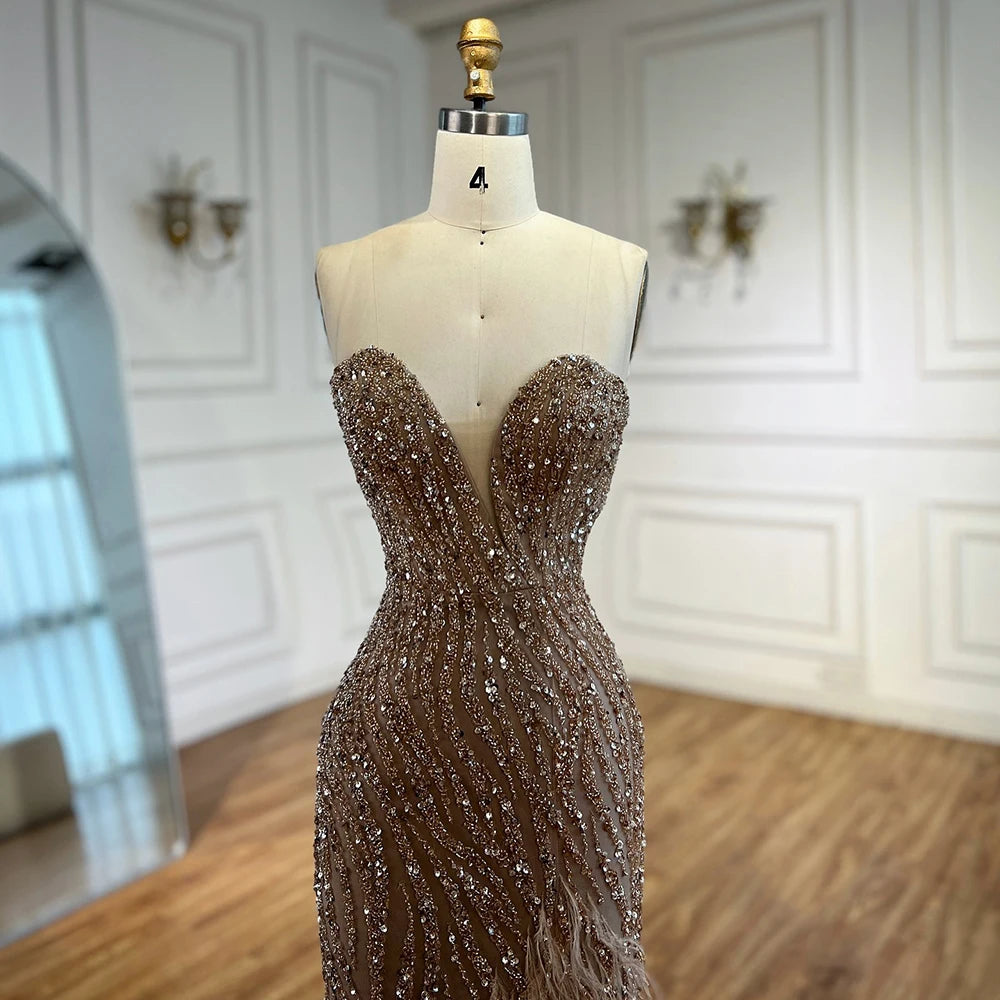 Luxury Blue Feather Beaded Evening Dress with Side Skirt LA72695 - SERENE HILL