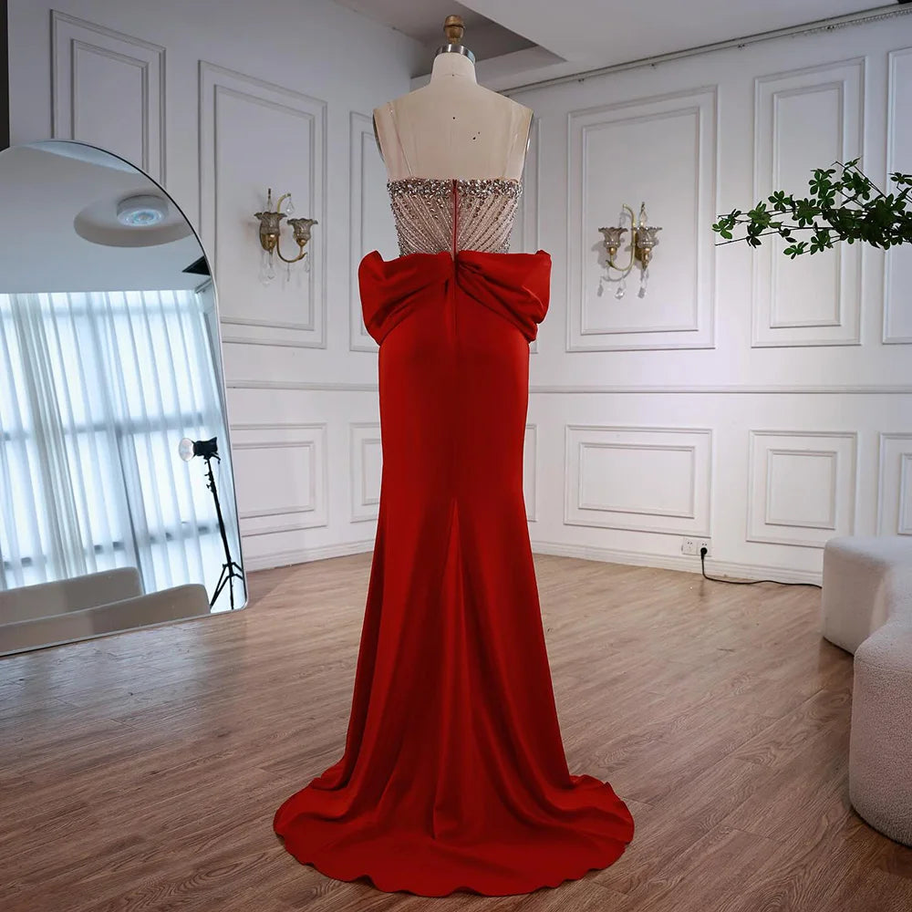 Designer Red Satin Evening Dress with Bow LA73060 - SERENE HILL