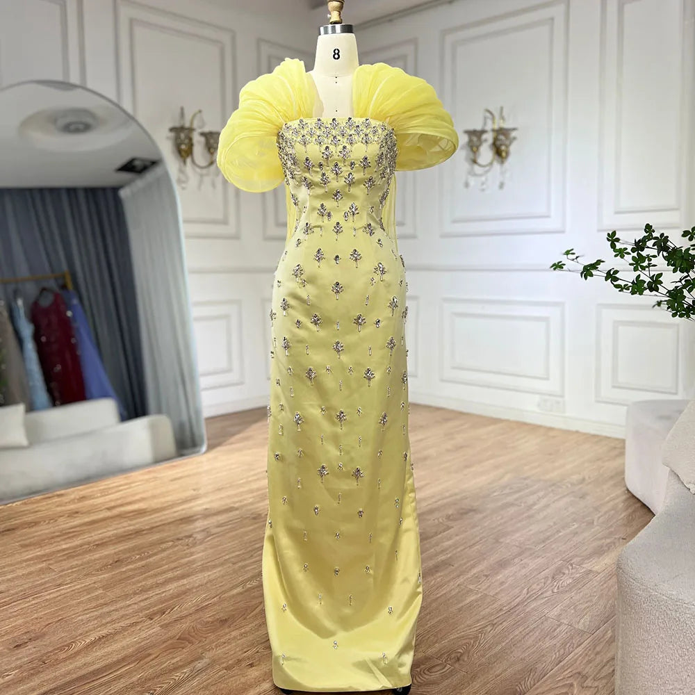 Luxury Dubai Elegant Yellow Saudi Arabic Ankle Length Evening Gown Beaded Dress for Formal Occasion LA72756 - SERENE HILL