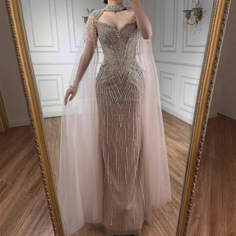 Luxury Arabic Nude Beaded Evening Dress with Cape Sleeves LA73173 - SERENE HILL