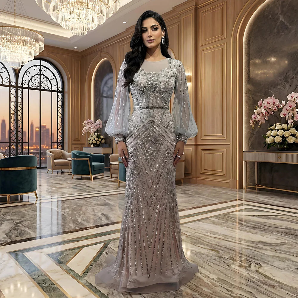 Serene Hill Arabic Silver Nude Elegant Mermaid Beaded Luxury Dubai Evening Dresses Gowns For Women Wedding Party 2025 LA72017 - SERENE HILL