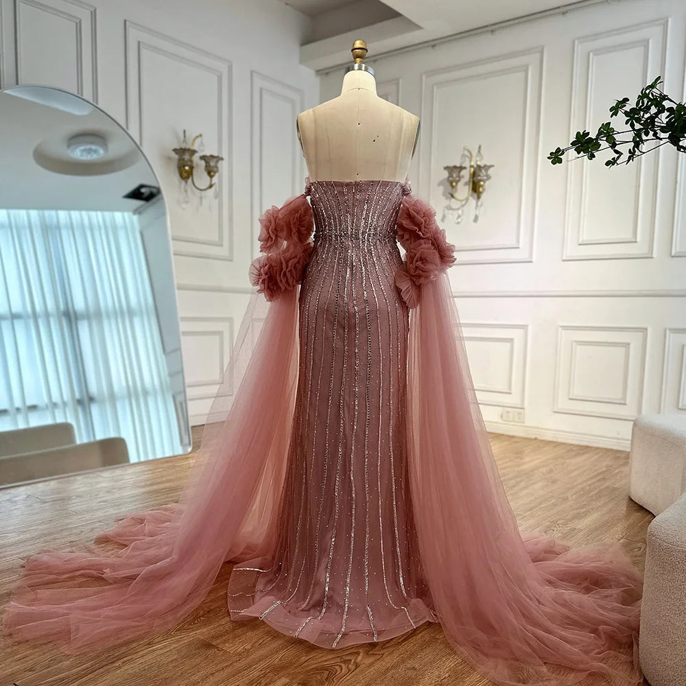 Luxury Pink Beaded Mermaid Arabic Evening Dress with Cape LA73019 - SERENE HILL