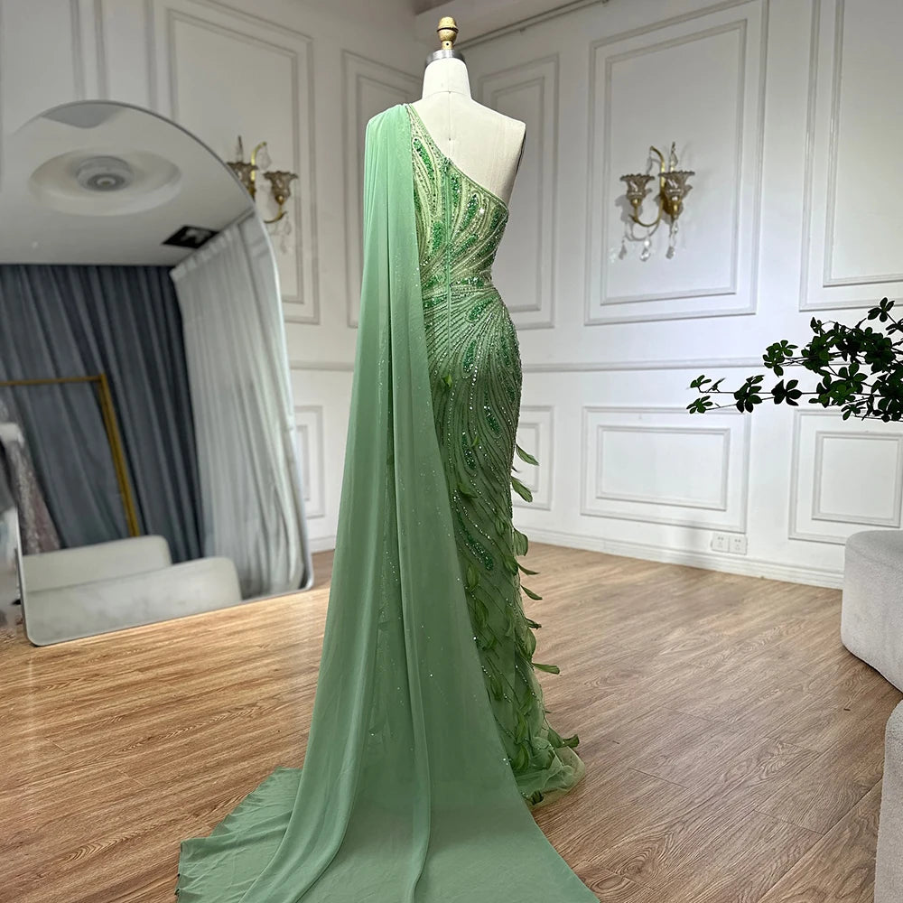 Green One-Shoulder Beaded Feathers Evening Gown with Side Cape Shawl LA72698 - SERENE HILL