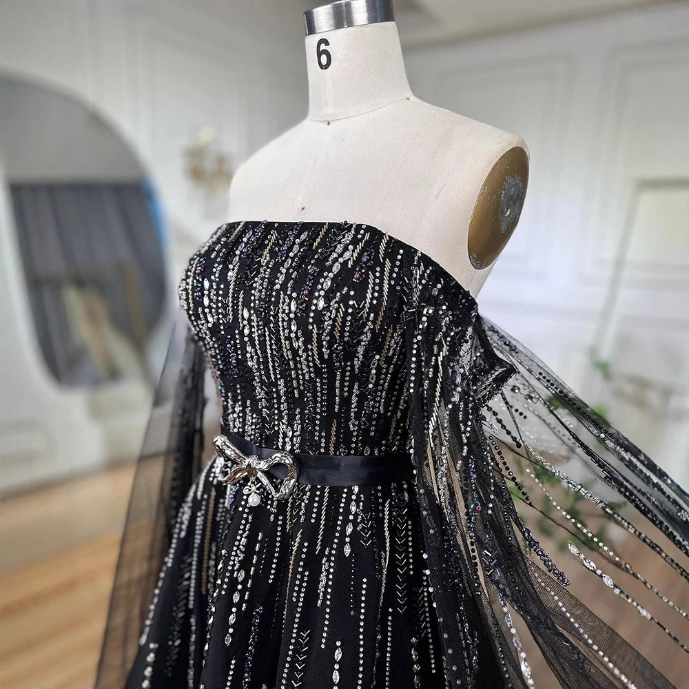Luxury Black A Line Beaded Evening Dress with Cape Sleeves LA71824 - SERENE HILL