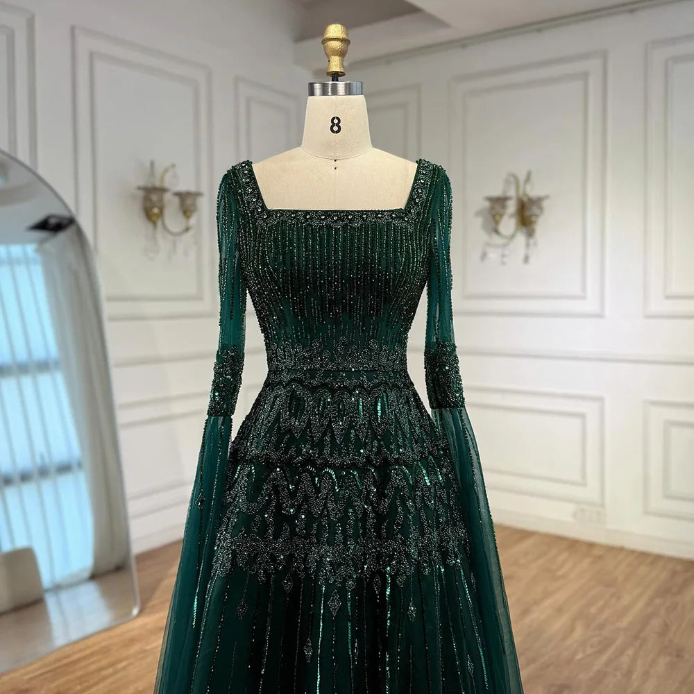 Luxury Green A-LineBeaded Evening Dress with Cape Sleeves LA73089 - SERENE HILL