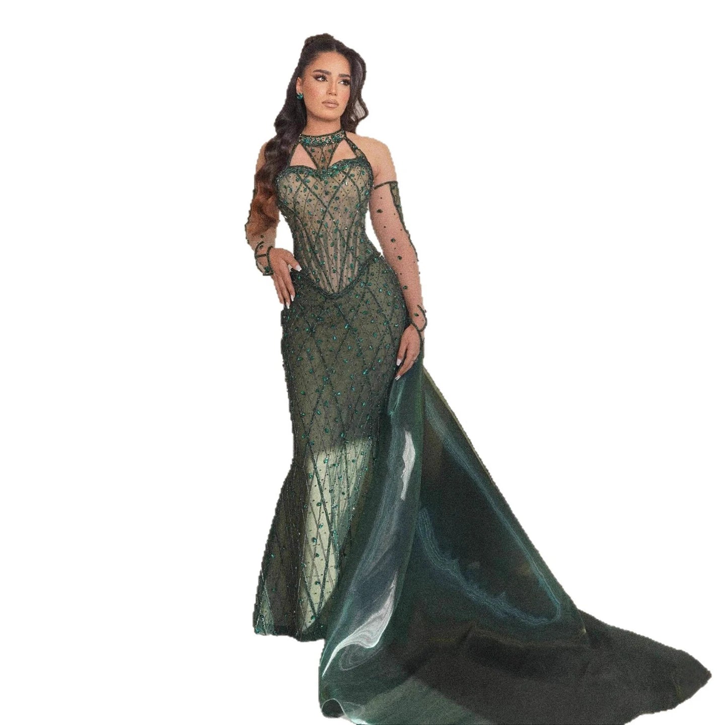 Luxury Green Halter Beaded Dubai Corset Evening Dress LA73322 - SERENE HILL