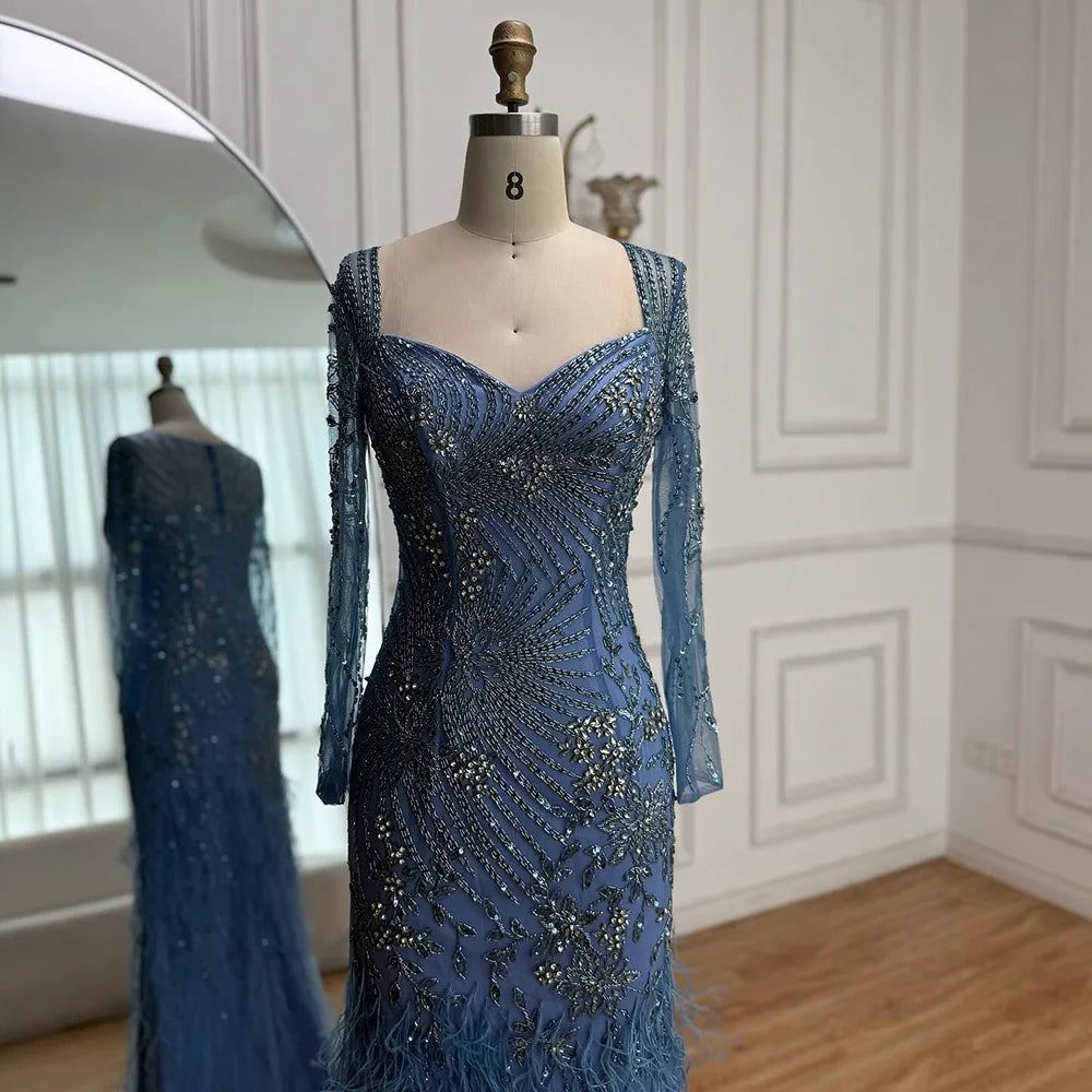 Arabic Blue Feather Beaded Mermaid Evening Dress for Women LA71818 - SERENE HILL