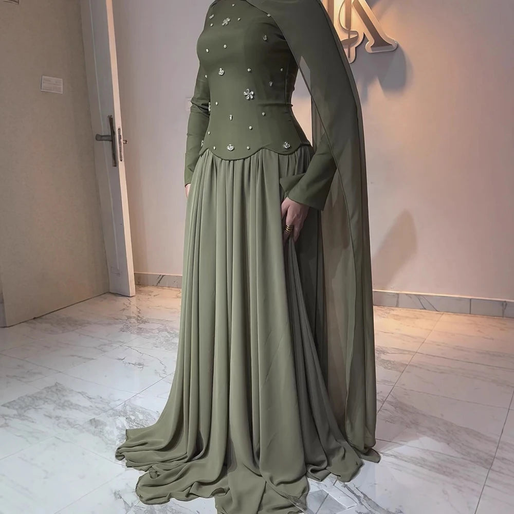 Luxury Olive Green Beaded Evening Dress with Cape LA73217 - SERENE HILL