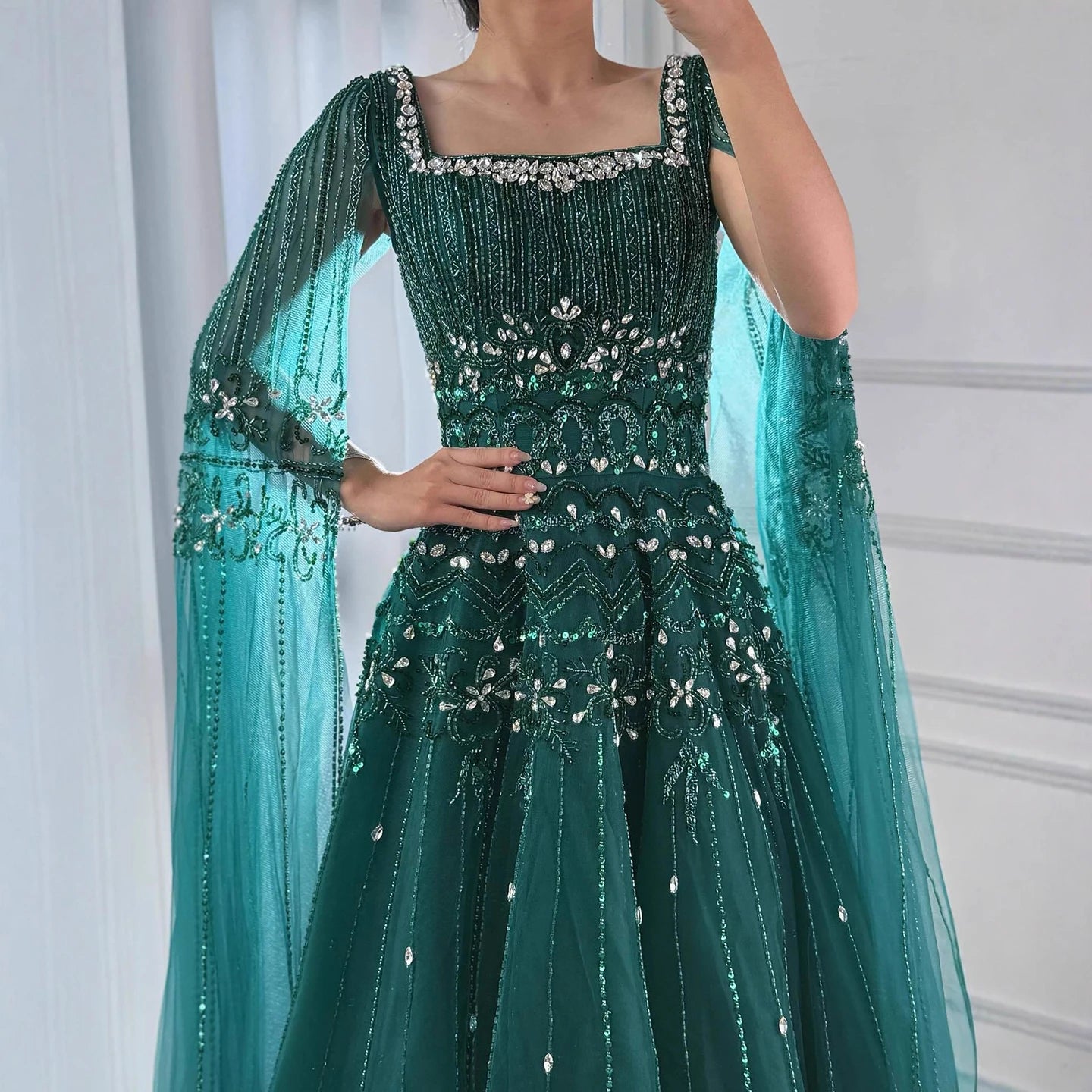 Luxury Caramel A-Line Beaded Evening Dress with Cape Sleeves LA73089A - SERENE HILL