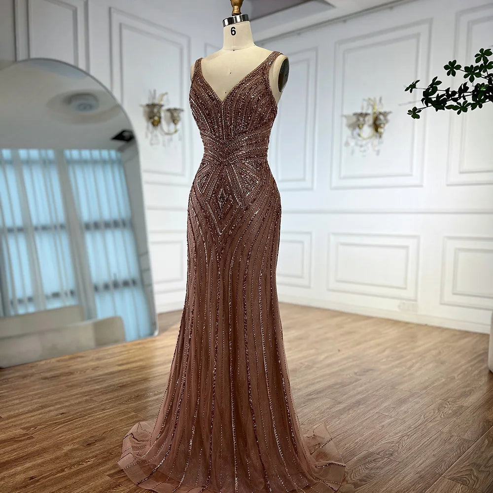 V Neck Beaded Sleeveless Mermaid Evening Dress LA73013 - SERENE HILL