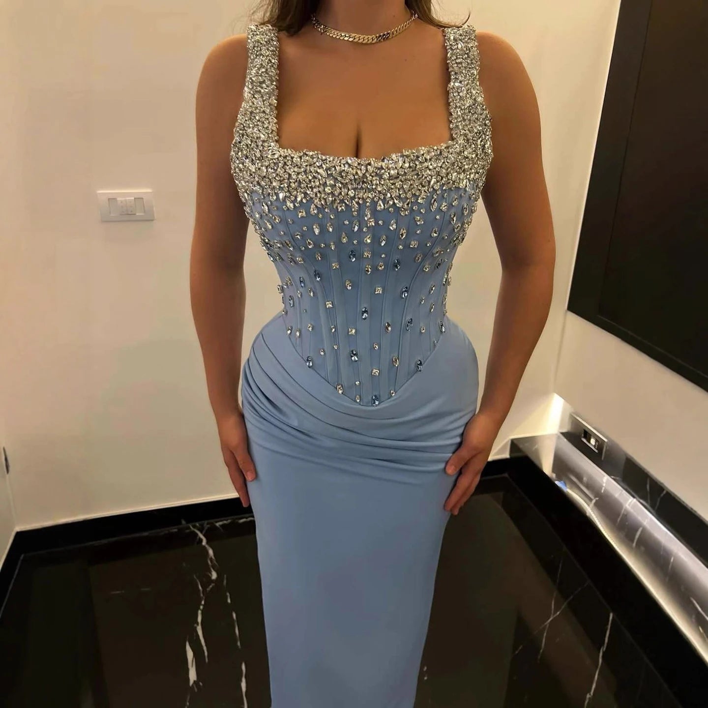 Luxury Blue Crystal Square Neck Corset Mermaid Evening Dress LA72739A - SERENE HILL